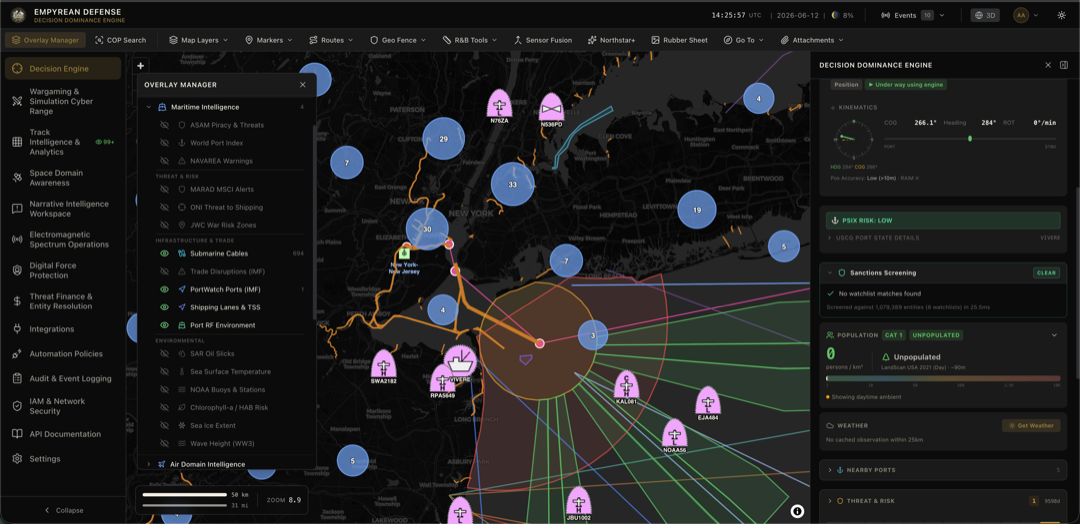 AIS vessel track selected on the COP with PSC detention history, sanctions screening, and nearby port context