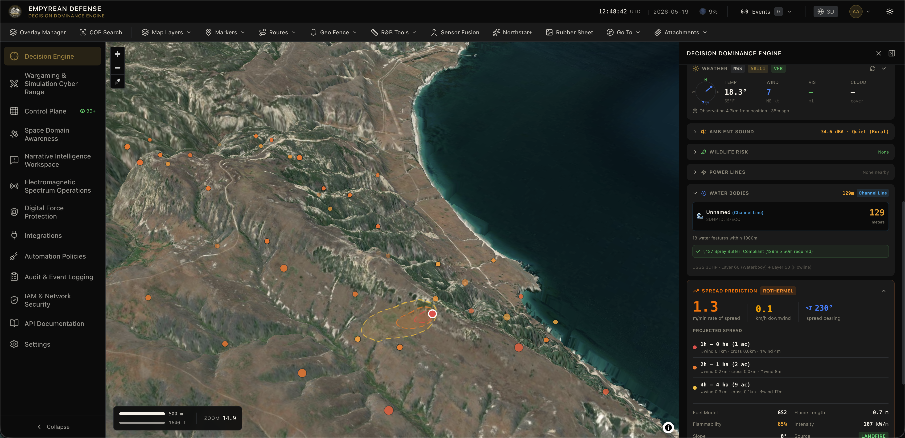 A screenshot of the Decision Dominance Engine with terrain, satellite imagery, and fire propagation overlays. The Right Panel is open showing information on Rothermel spread prediction, weather, water sources, ambient sound, power lines, and wildlife.