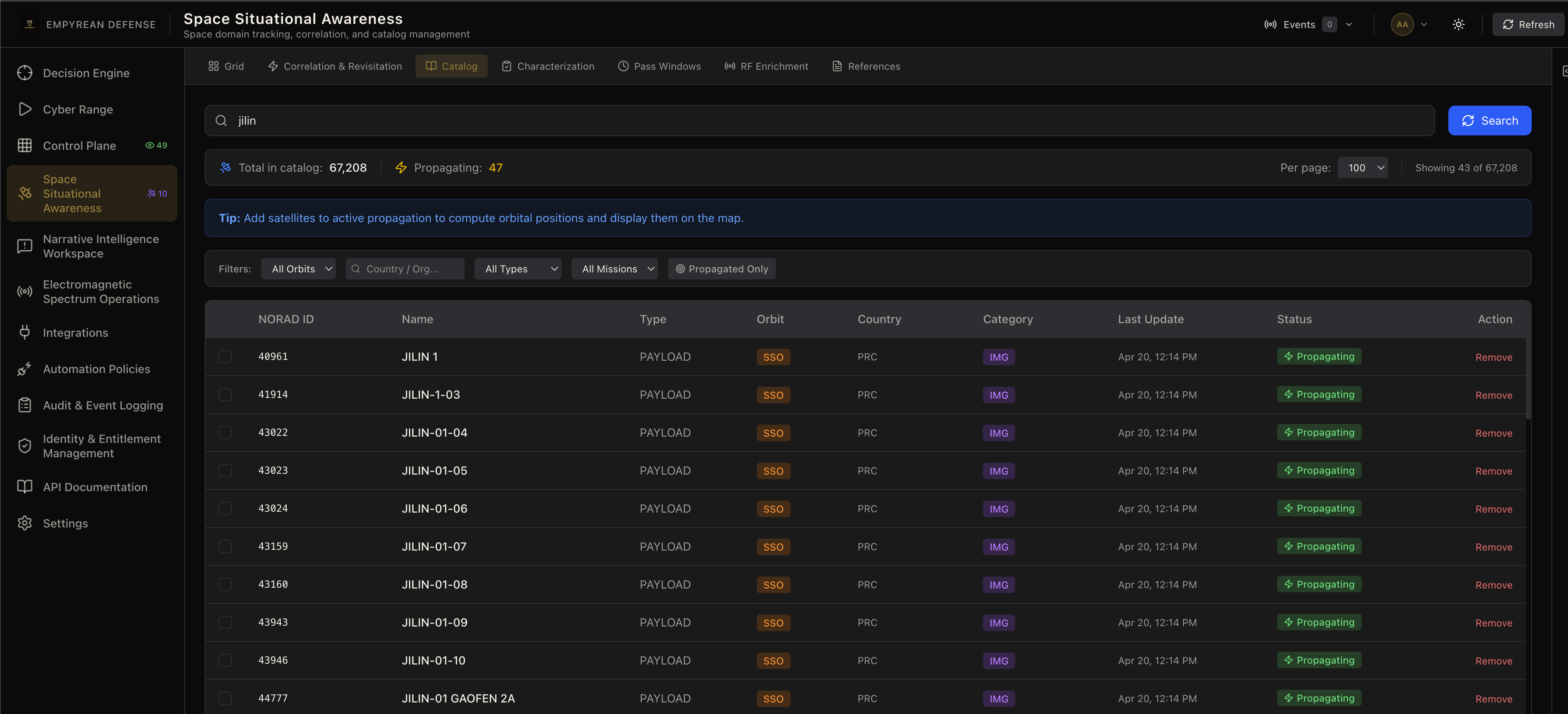 The searchable Empyrean Defense SSA Catalog showing the Jilin constellation