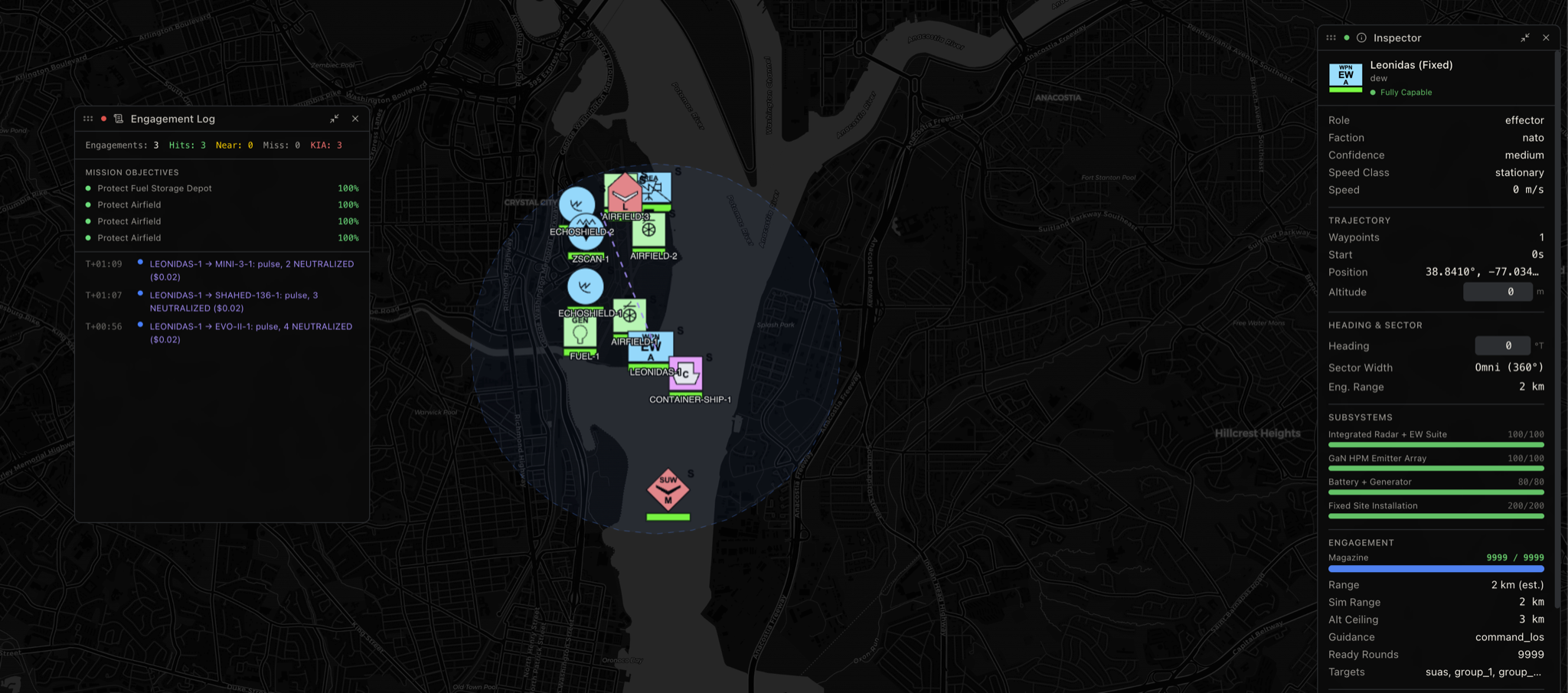 A product screenshot showing a cyber range scenario employing an Epirus Leonidas against a mixed swarm of UAV and UAS threats in a CONUS airport setting against a dark mode map showing an engagement log and HPM data card