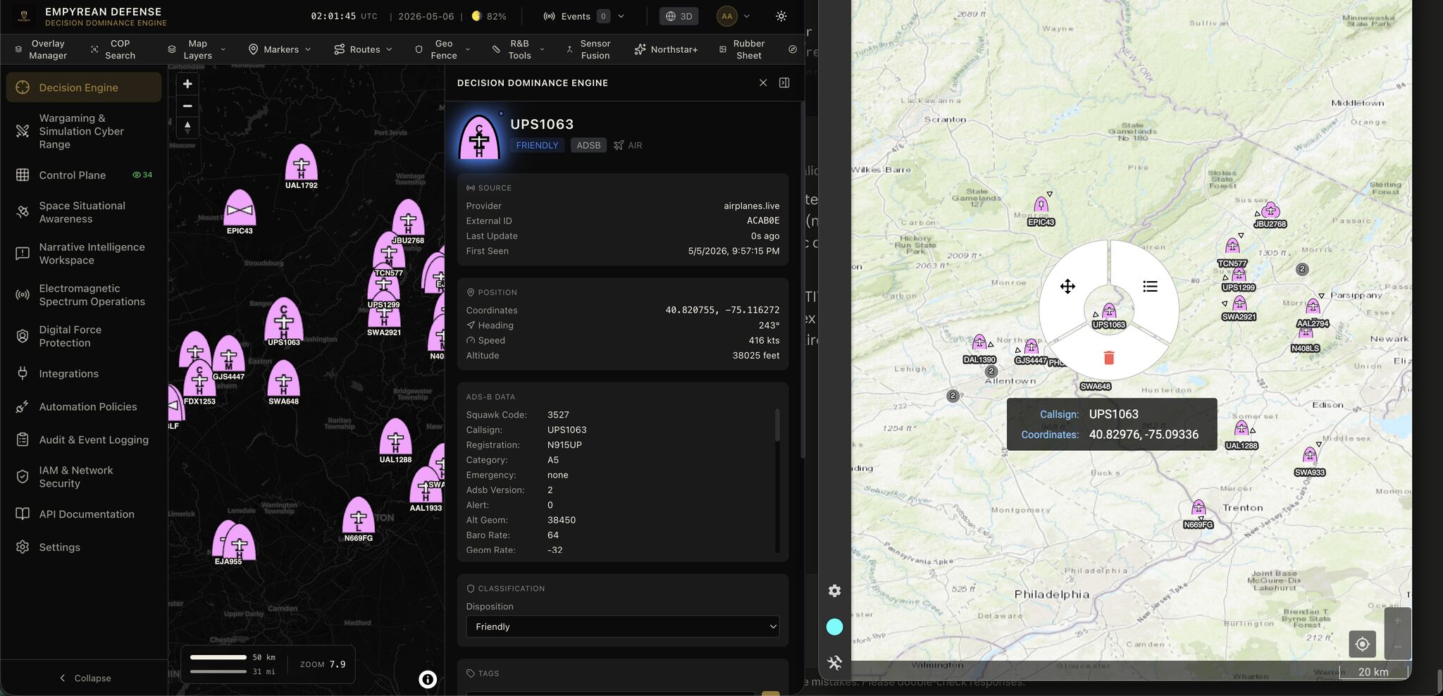 Empyrean Defense ATAK integration architecture showing CoT data flow from the Decision Dominance Engine to multiple TAK Servers