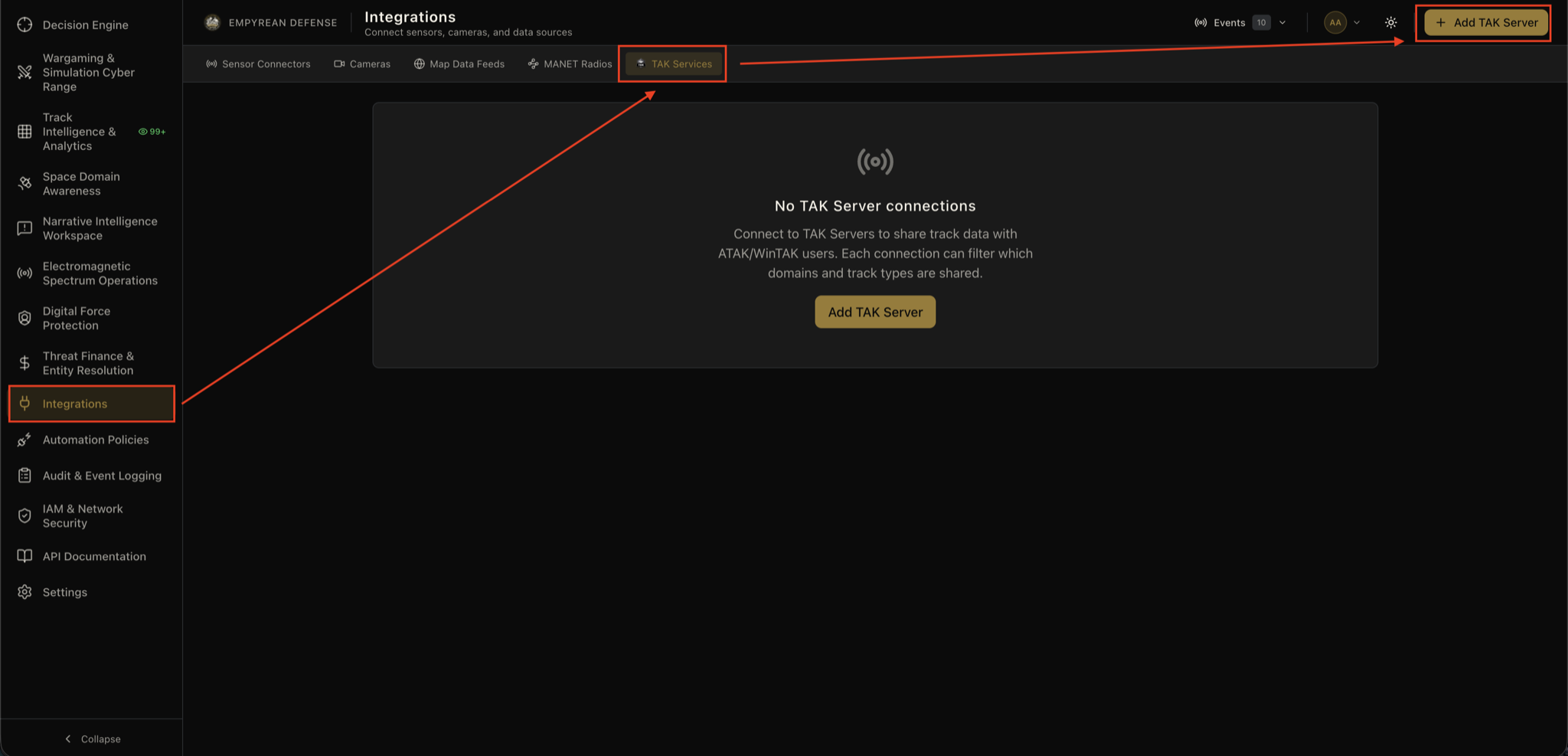 ATAK Server integration configuration modal in the Empyrean Defense platform