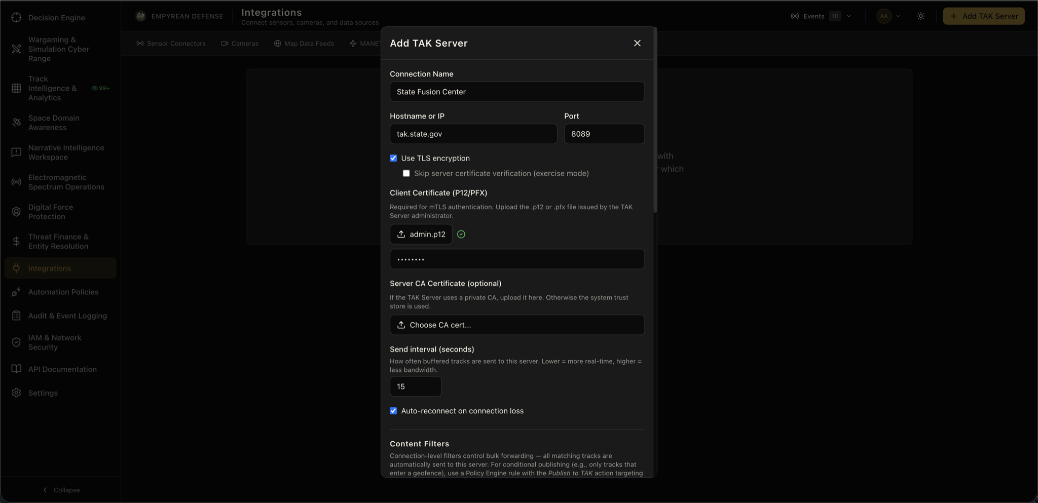 ATAK Server connection configuration with certificate upload and TLS settings