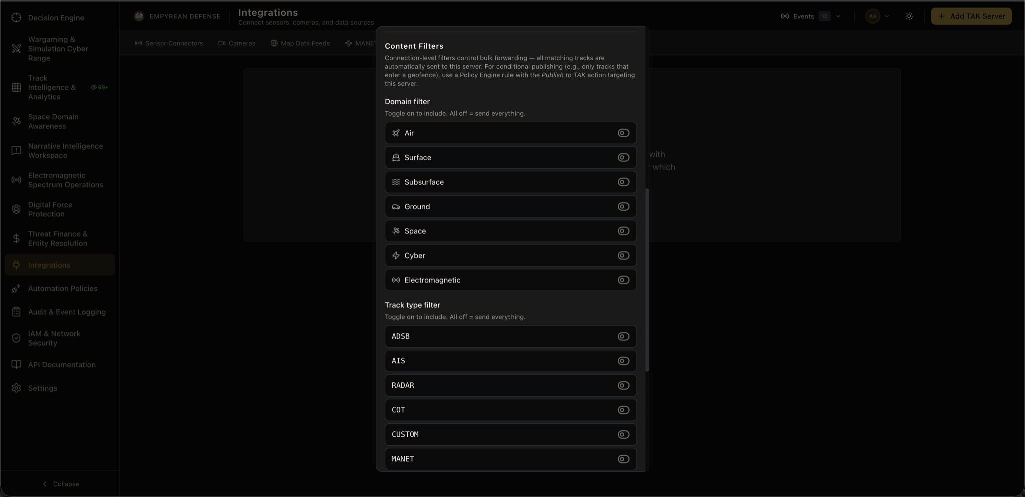 Content filtering interface showing domain and track type toggles for ATAK Server data output