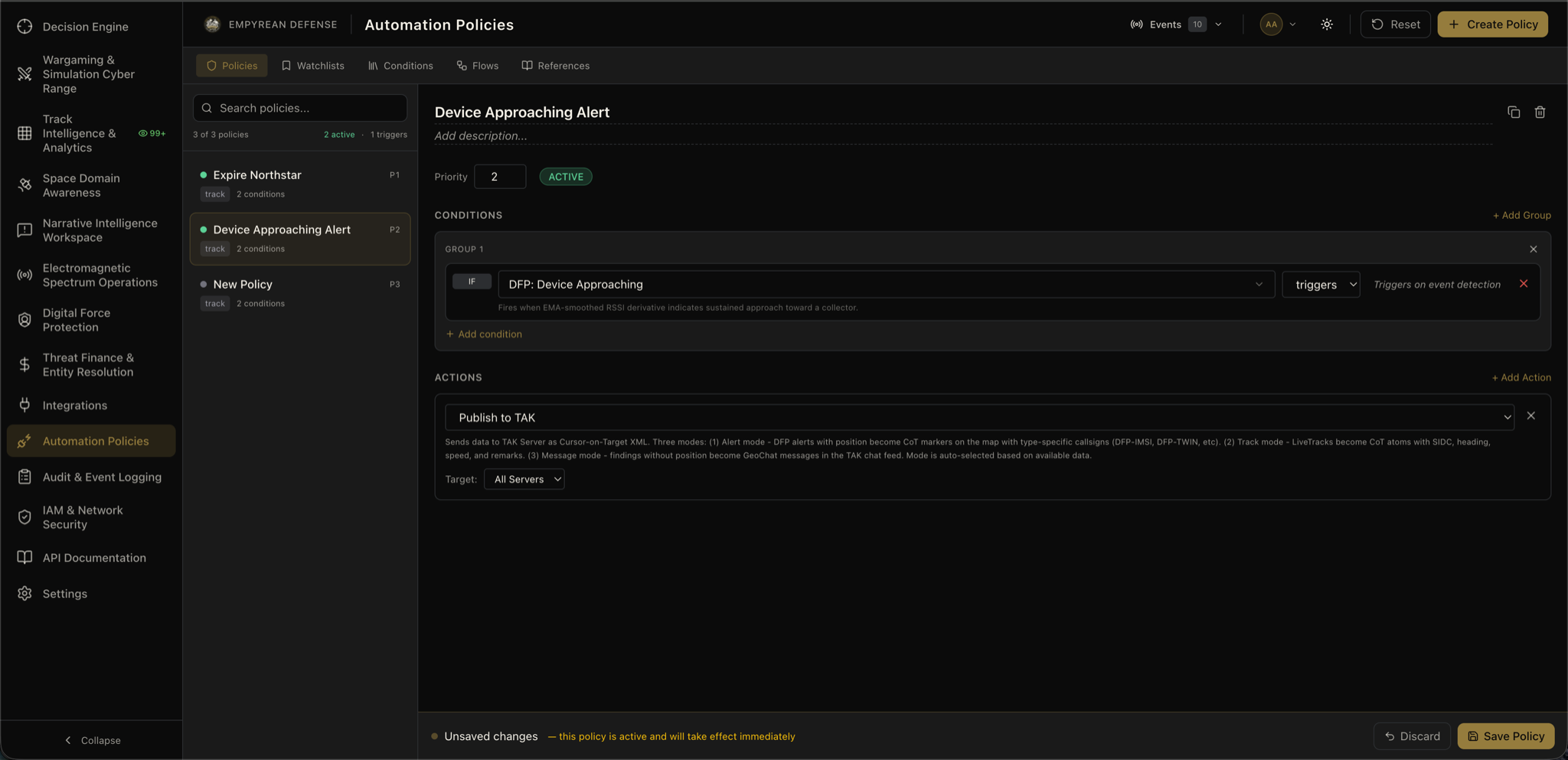 Policy Automation Engine showing Send to TAK action with server selection and conditional triggers