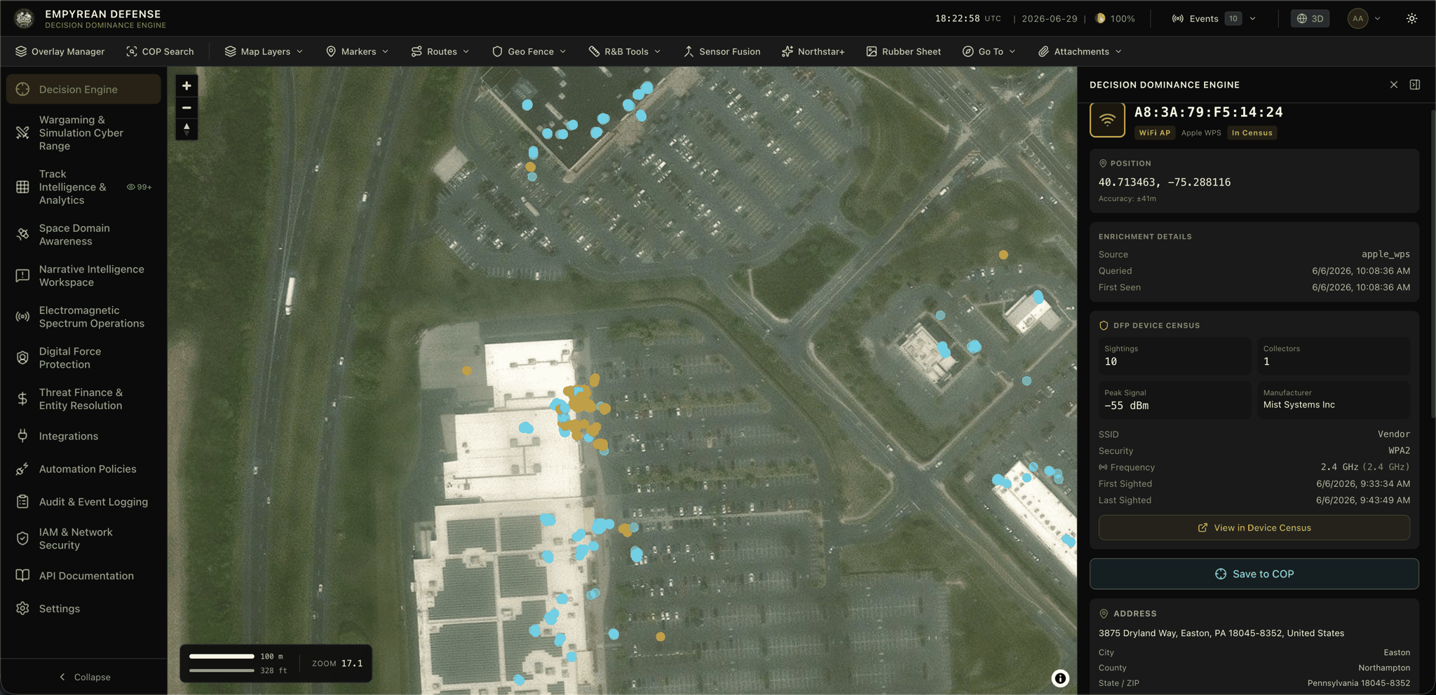 WiFi Position Service overlay with device census detail panel and reverse geocoding from the Location Intelligence Service