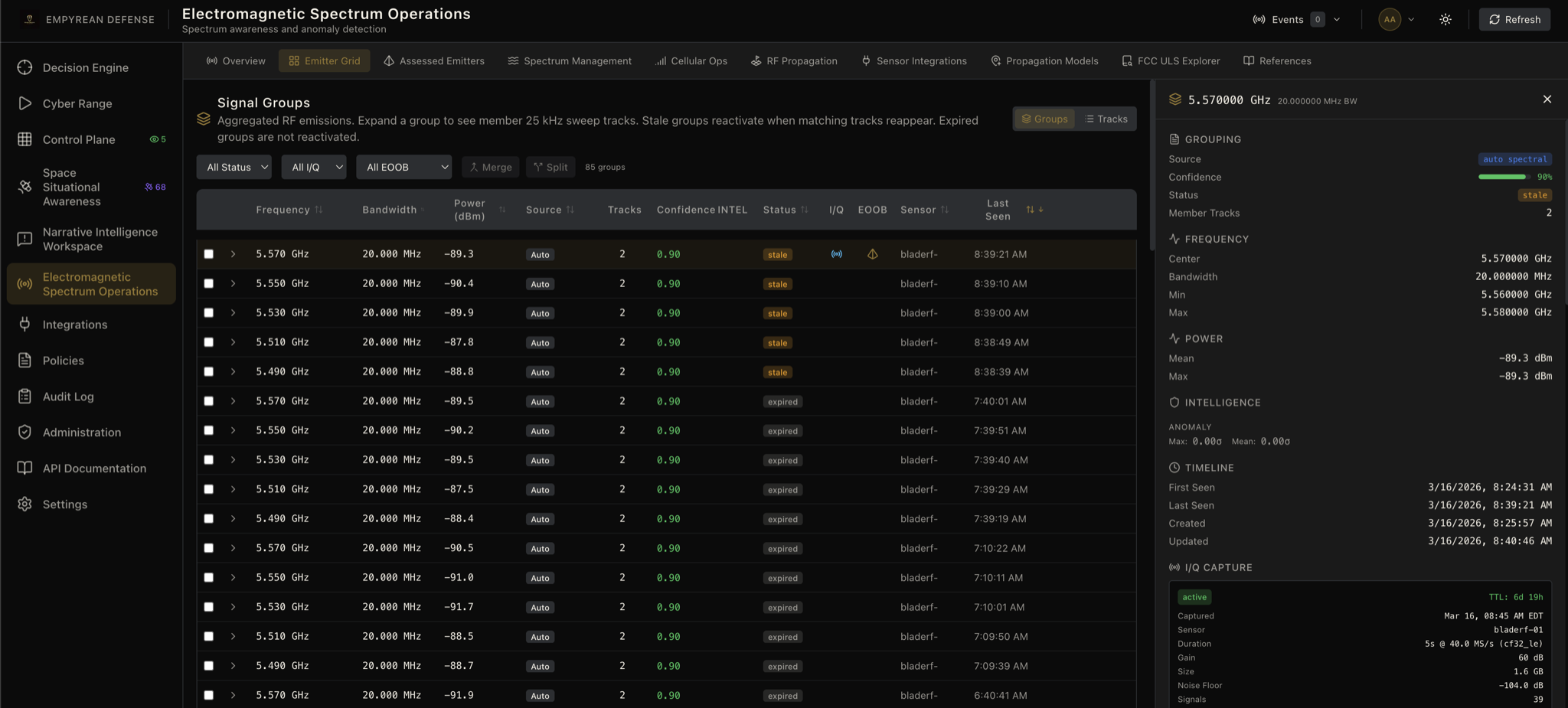 EMSO signal groups with I/Q capture and DSP analysis