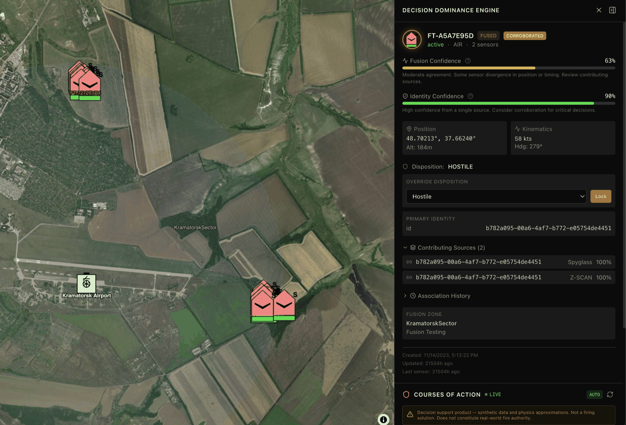 Fusion detail panel showing drone on approach with multi-sensor corroboration and identity provenance