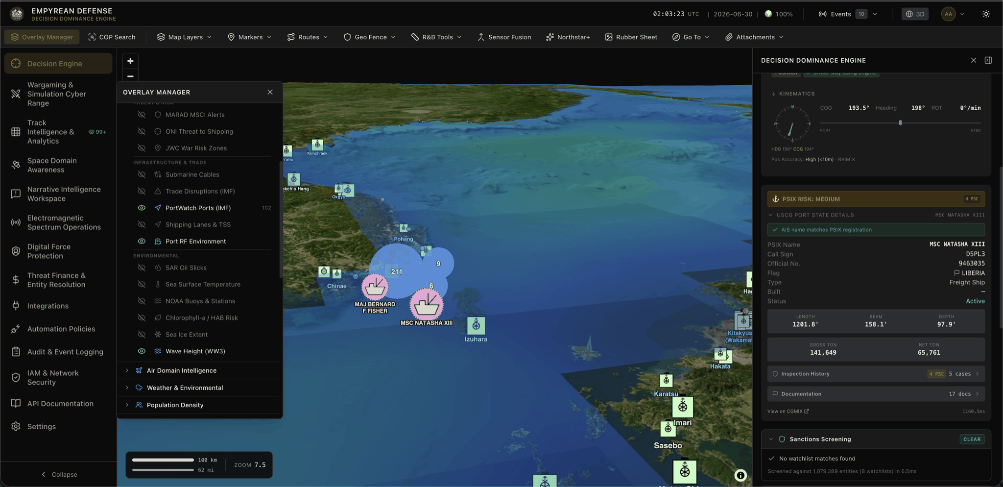 Maritime vessel with PSIX risk scoring, operational overlays, and 3D terrain visualization on the COP