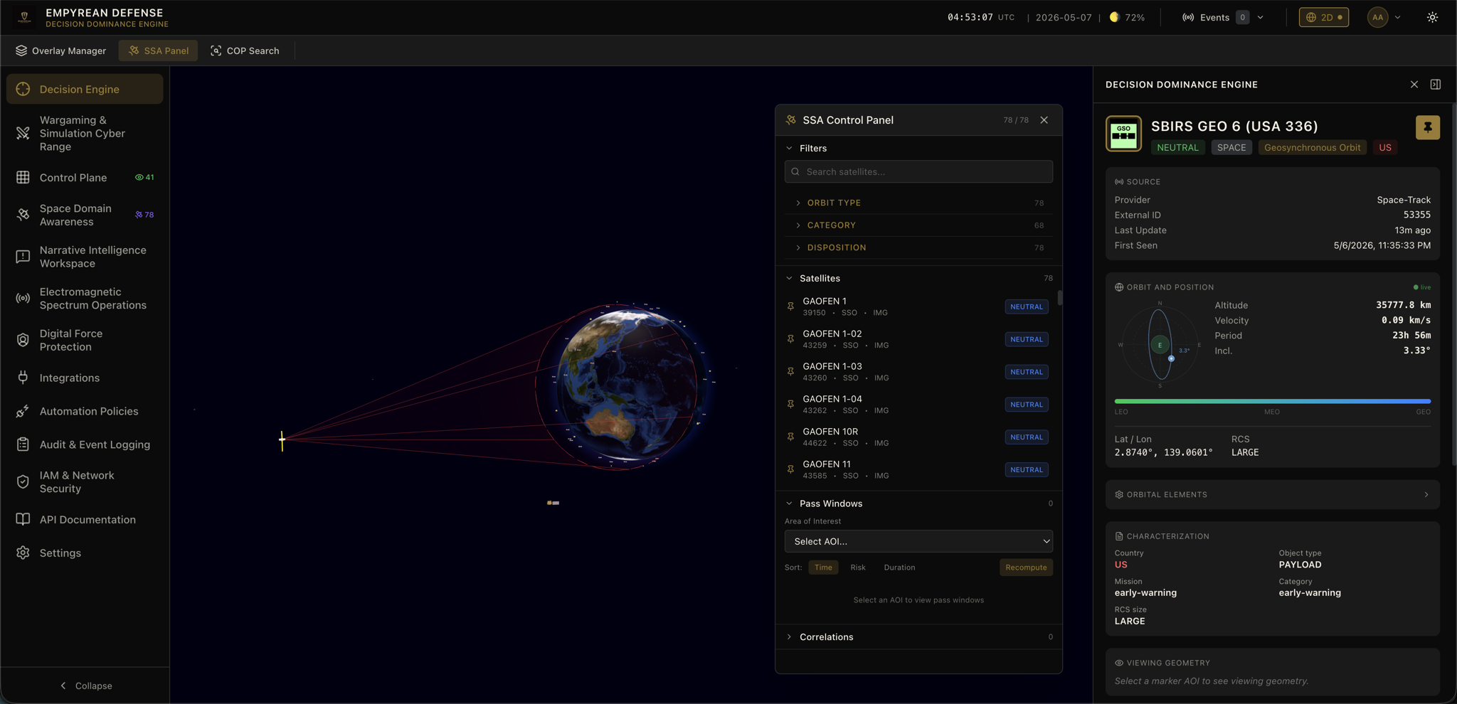 Dynamic coverage overlay from HEO SIGINT satellite with LEO imagery bird overhead alert