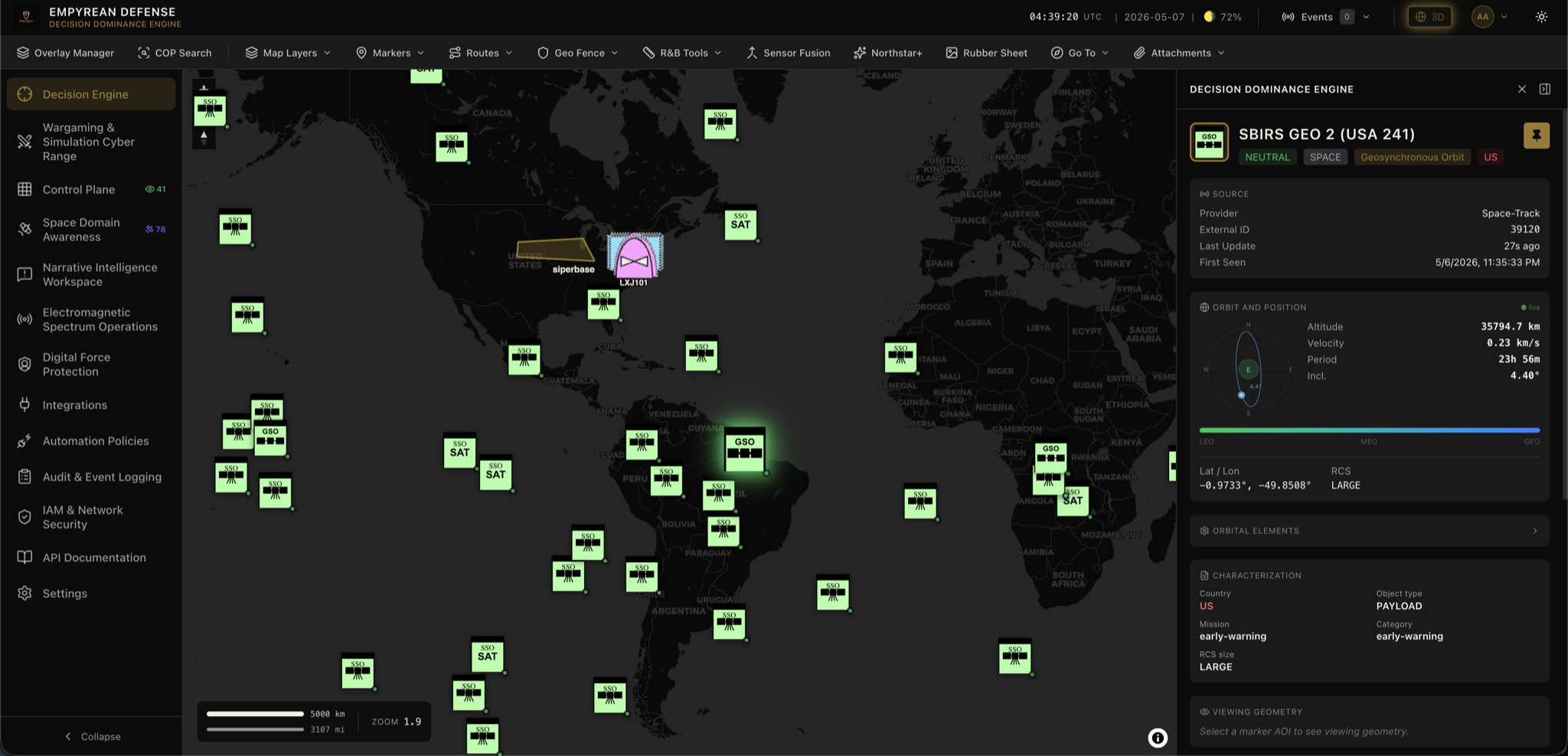 Satellite pass window computation on 2D map