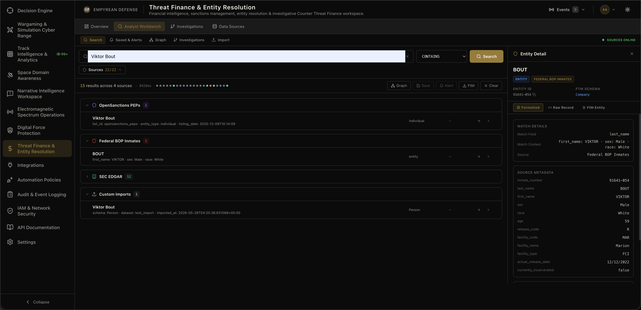 Analyst Workbench unified search fanned out across all loaded sources with merged, scored results