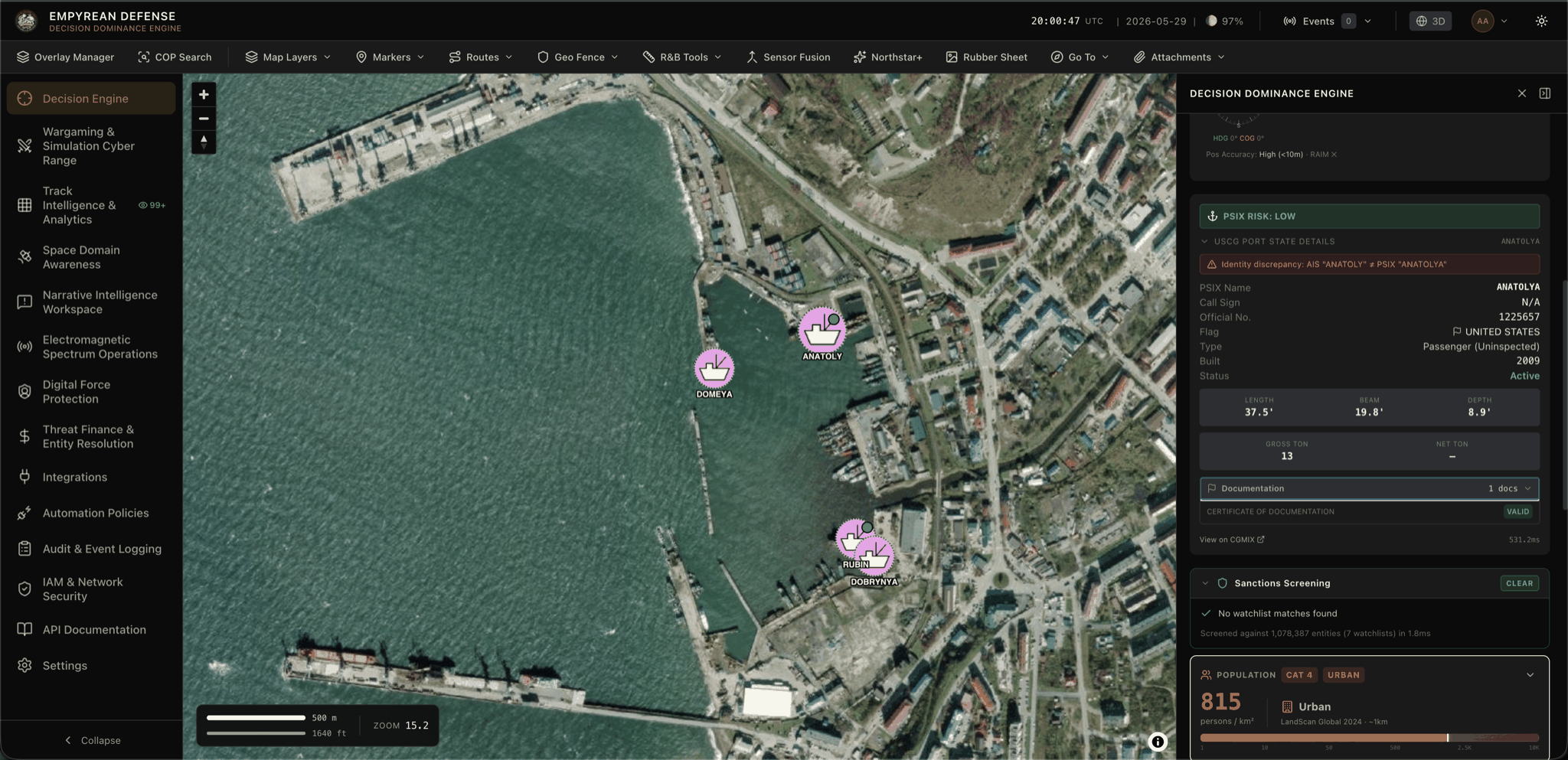 Live track resolution with AIS vessel selected on the COP and sanctions screen enrichment in the detail panel