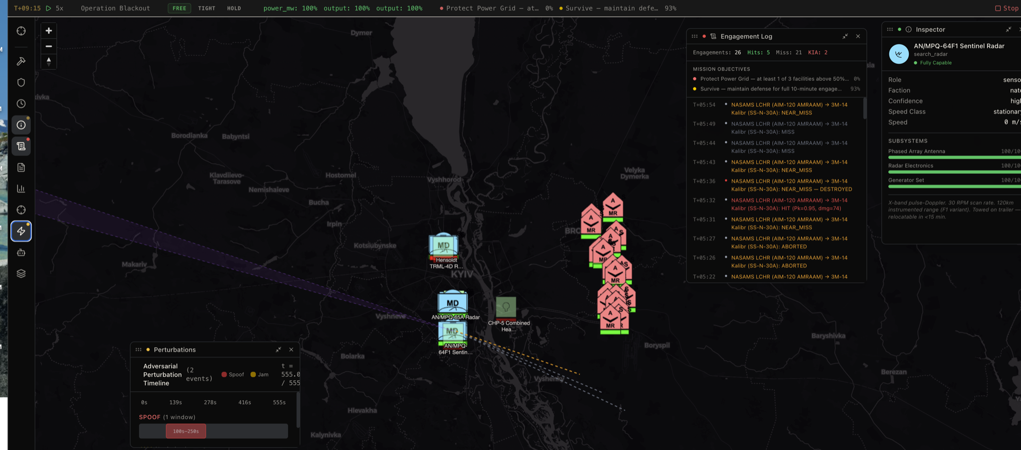 Live wargame simulation with engagement arcs and sensor beams