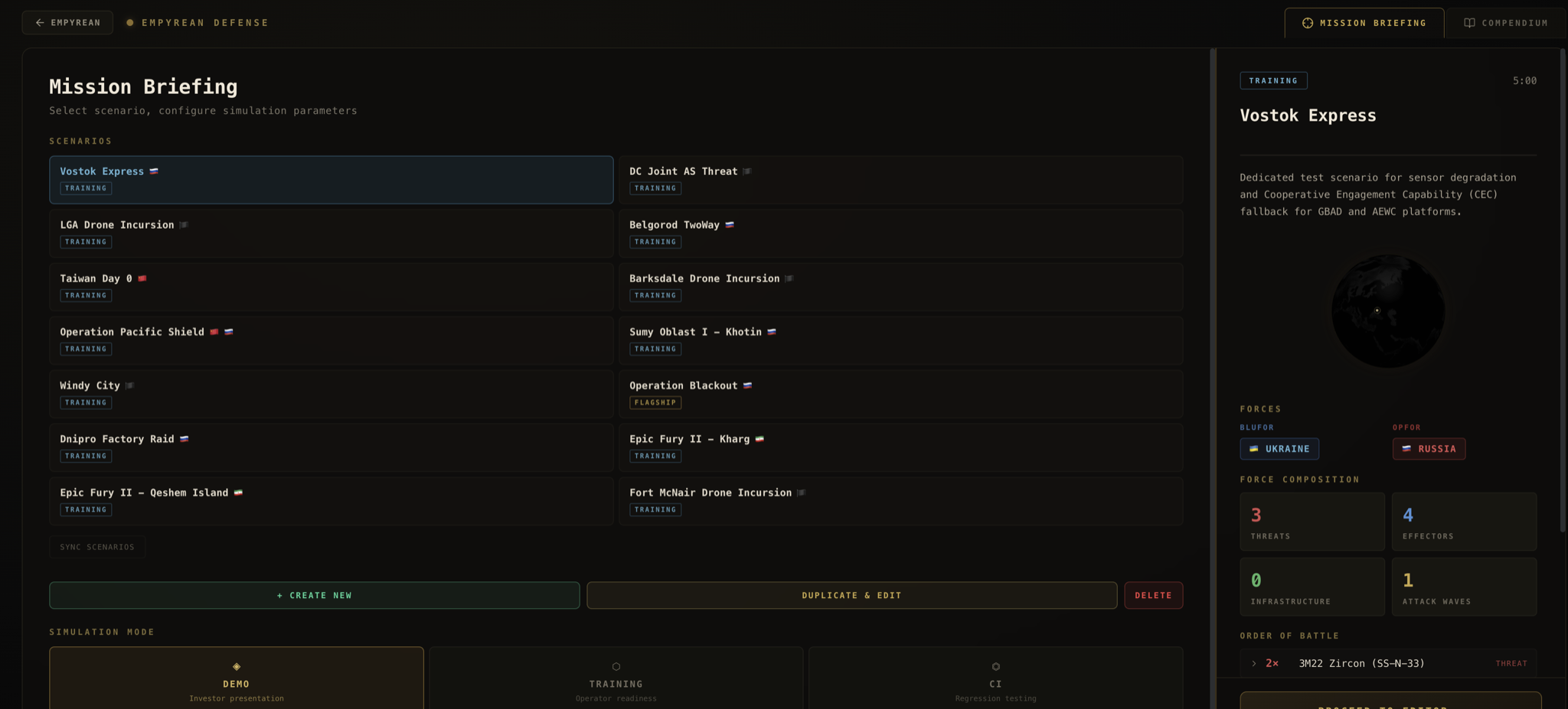 Wargame mission briefing lobby with scenario selection and ORBAT